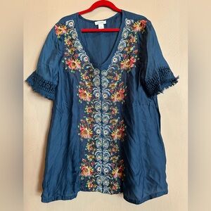 Sundance Navy Blouse with Floral Embroidery